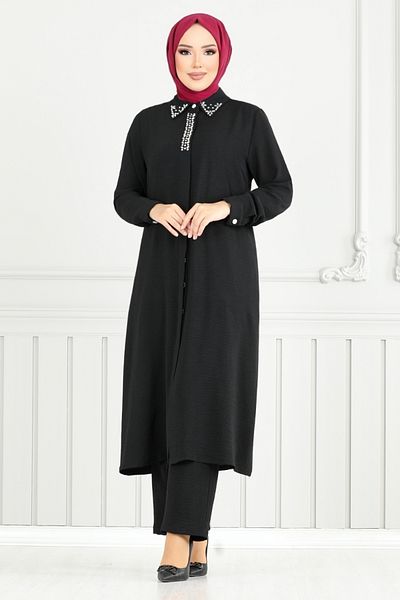 ModaMerve Hijab Suit with Stone Collar 9144Pl940-M Black