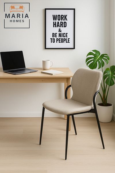 MARIA HOMES Modern Fabric Dining Chair Beige Upholstery with Black Metal Frame