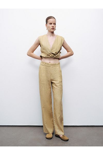 Nocturne Women's Comfortable Fit Stripe Patterned Wide Leg Yellow Trousers N25Yn3363-Variant