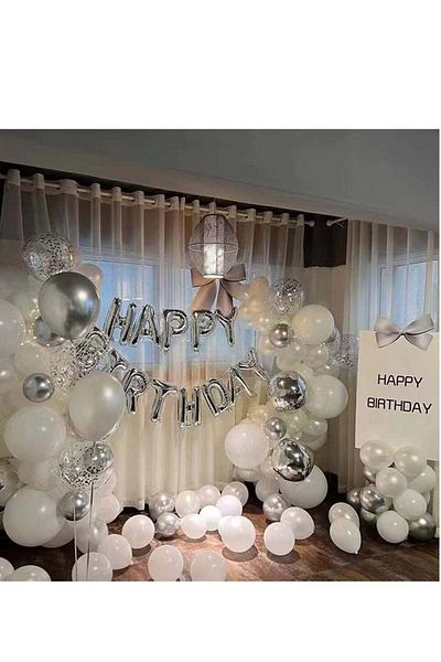 Rally 50-Piece Latex Balloons and Decorations Set - White and Silver Colors