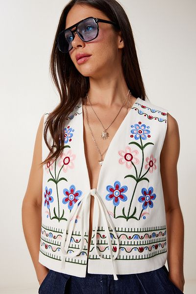 Lovelyİstanbul Embroidered Linen Vest Ecru Les0024