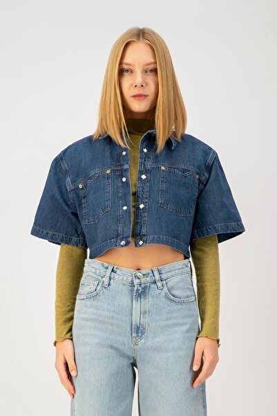 Denim Trip Oversize Crop Fit Çıtçıtlı Orta İndigo Kadın Jean Ceket
