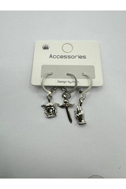 Herşey Nota Gümüş Renk Medusa, El ve Kılıç Figürlü 3’lü Mitolojik Güç Temalı Kadın Küpe Seti