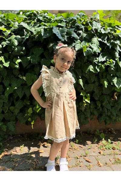 Minizade Baby Girl Dress Short Sleeve Ruffled Buckle Birthday Party Wedding Linen Casual Girl's Dress