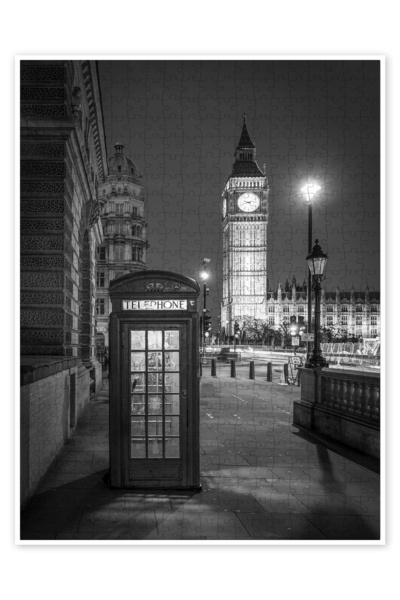 Jeronkarji Londra telefon kulübesi ve Big Ben, siyah beyaz 500 Parça Puzzle Y...