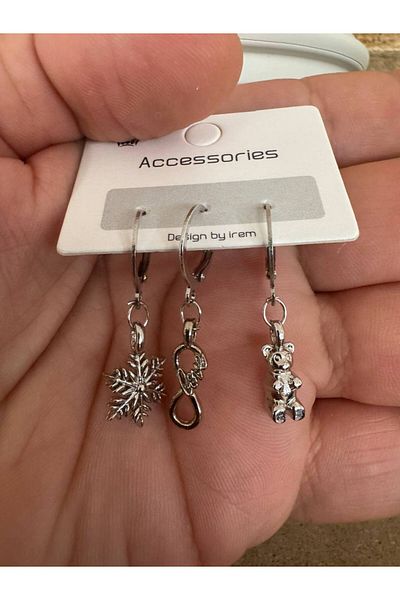 Herşey Nota 3-Piece Women's Earring Set with Silver Color Snowflake, Infinity and Teddy Bear Figures – Elegant and Stylish