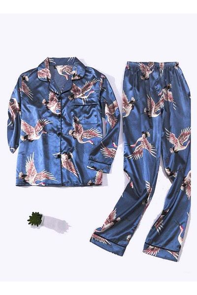Generic Summer Ice Silk Printing Trousers And Pajamas Suit Blue