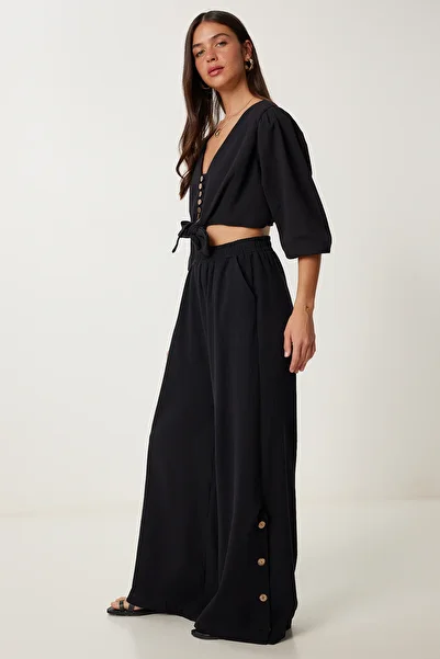 Lovelyİstanbul Set pantaloni bluză crop din in NEGRU LRV0107