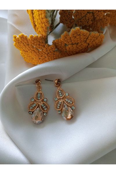 Pervin Ablacım Gold Dangle Flashy Steel Earrings with Yellow Stones