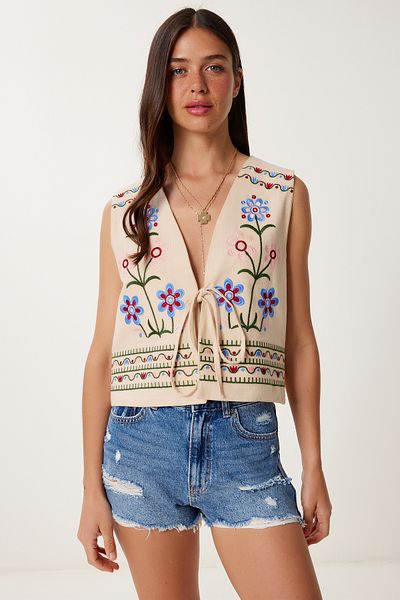 Lovelyİstanbul Embroidered Linen Vest Beige Les0024