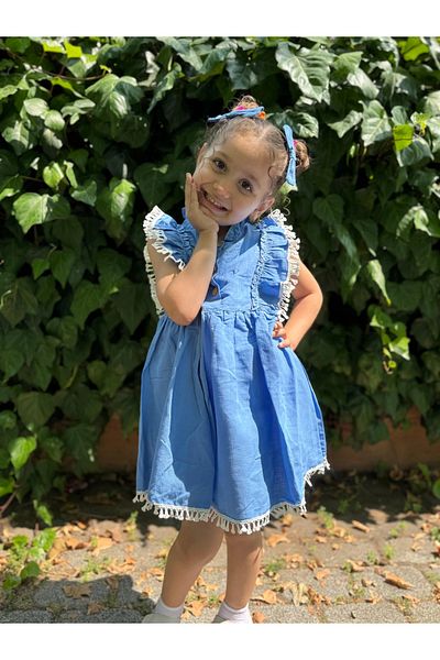 Minizade Baby Girl Dress Short Sleeve Ruffled Buckle Birthday Party Wedding Linen Casual Girl's Dress