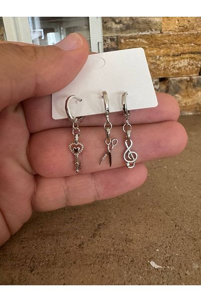 Herşey Nota 3-Piece Women's Earring Set with Silver Color Musical Note, Scissors and Key Figures – Stylish and Elegant