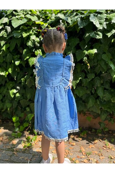 Minizade Baby Girl Dress Short Sleeve Ruffled Buckle Birthday Party Wedding Linen Casual Girl's Dress