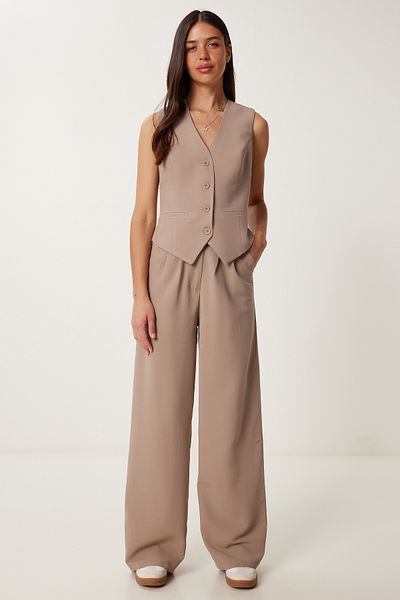 Lovelyİstanbul Linen Vest Trousers Suit Mink Lrv0106