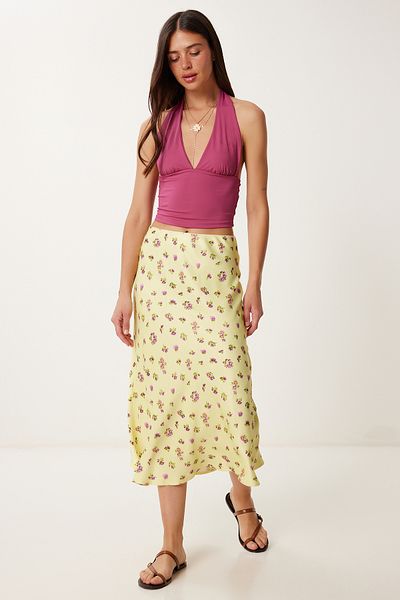 Lovelyİstanbul Fusta Midi din Satin cu Motiv Floral GALBEN LHC0020