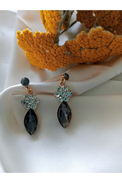 Pervin Ablacım Gold Design Elegant Earrings with Gray Colored Stones