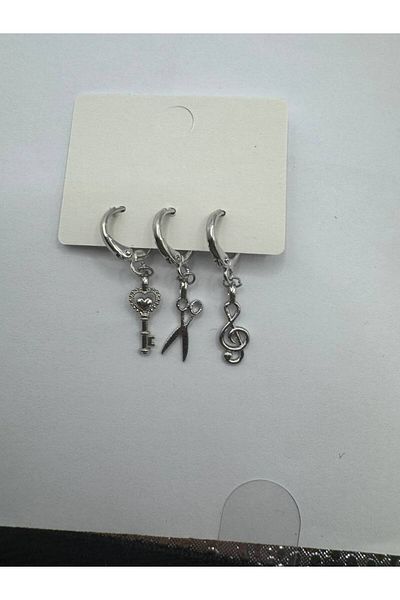 Herşey Nota 3-Piece Women's Earring Set with Silver Color Musical Note, Scissors and Key Figures – Stylish and Elegant