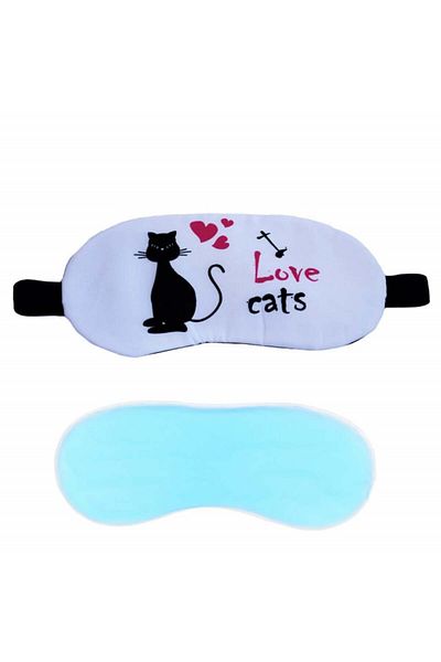 PUFO Mască de dormit sau de călătorie, cu gel detașabil, Pufo Cat lover, 20 cm, albă