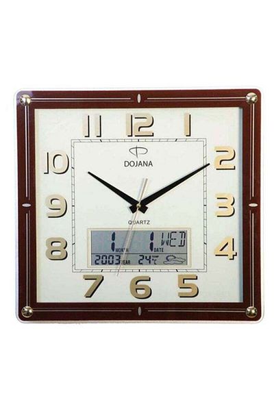 dojana Square Analog Plus Digital Wall Clock Brown/White