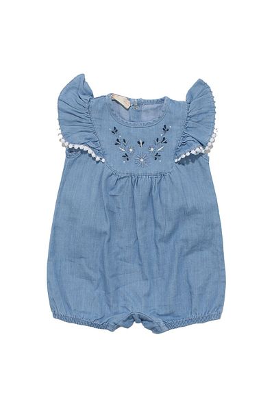 bebegen Baby Girl Light Blue Floral Embroidered Ruffled Scalloped Embroidered Denim Jumpsuit