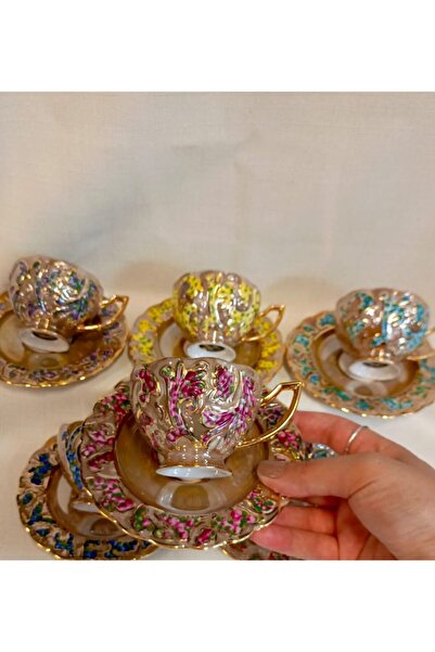BY.RAYKA PORSELEN El Dekor Bi̇hter Porcelain Hand Painting Cup Set