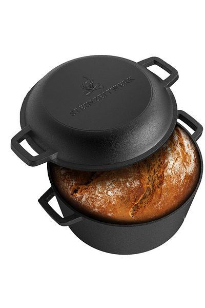 STEINZEITWERK par Excellence Cast iron pot with lid, 4.6 l, for oven, hob,gas,electric, induction,dough basket and scraper,26 cm