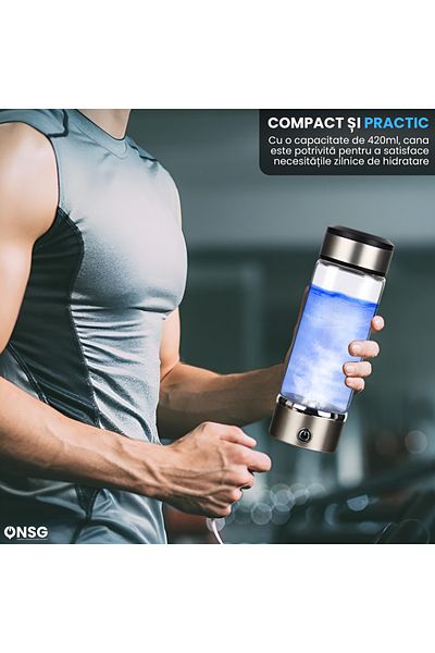 ONSG Sticlă Hydroglas Ionic, cu ionizator de apă cu hidrogen, 420 ml, portabilă