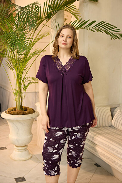 Miss Meryem Mor Ring Viskon Dantel Detaylı Kısa Kol Büyük Beden Kapri Pijama ...