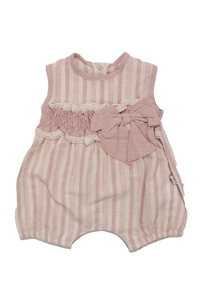 bebegen Baby Girl Powder Ecru Drawstring Bow Elastic Muslin Jumpsuit