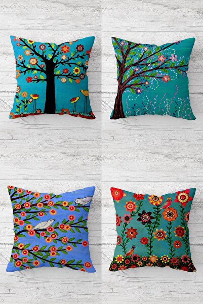 MENTEŞ HOME Spring Branch Flowers Birds Patterned Hidden Zipper Throw Pillow ...