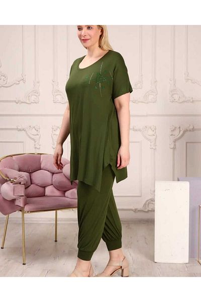 BİrHoşButik Plus Size Full Lycra Loose Crew Neck Pants with Stones Seasonal Sweat-Free Women's Suit