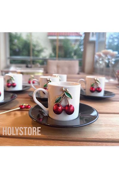 holy 6-Piece Coffee Cup Set Cherry Motif Decorative 6-Piece Cup Set