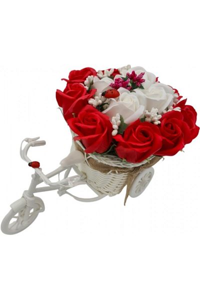 dalimag Aranjament floral trandafiri "Bicicleta cu flori zambarete", flori de sapun, rosu cu alb, Dalimag, 3