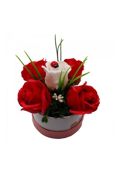 dalimag Floral Arrangement, Rose Box, 4 Red Soap Roses and one White Rose