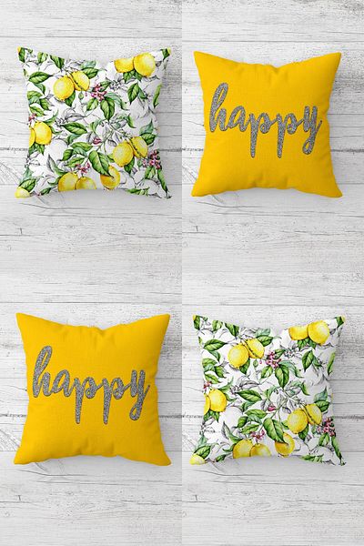 MENTEŞ HOME Set de huse de pernă cu fermoar secret cu model de lămâie și scris Happy (4 bucăți)