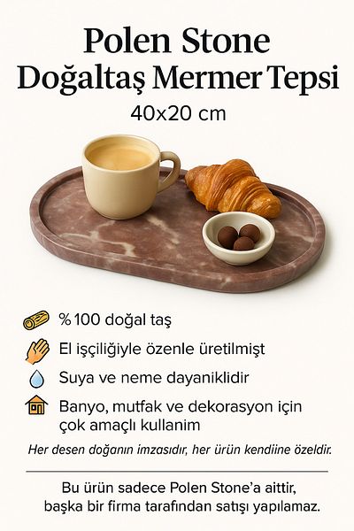 Polen Stone صينية تقديم من الرخام الطبيعي مقاس 40 × 20 سم