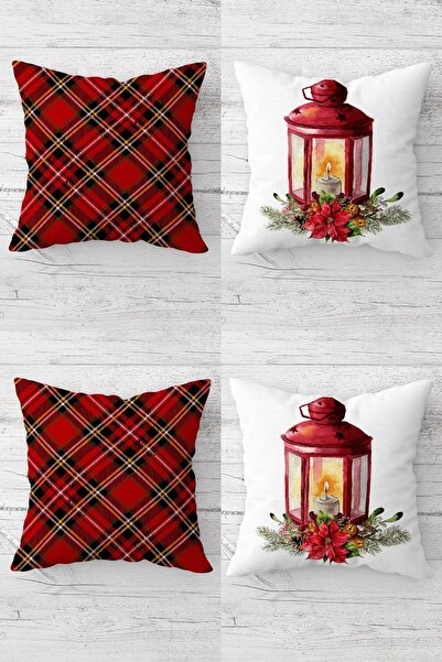 MENTEŞ HOME Комплект калъфки за възглавници за диван с червен каре и коледна ...