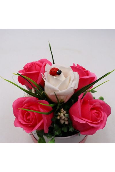 dalimag Aranjament Floral, Cutie Trandafiri, 4 Trandafiri Roz din Sapun si unul Alb