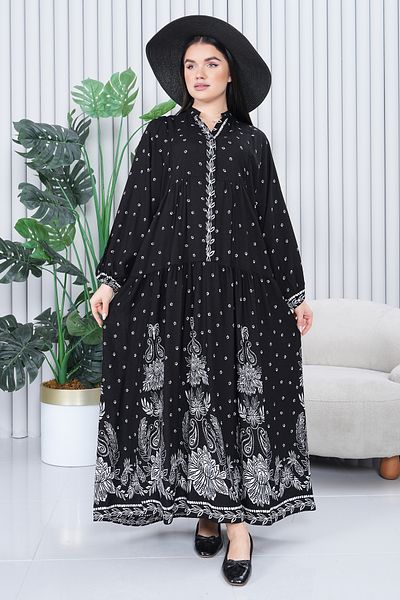 EL jadida Women's Patterned Plus Size Hijab Viscose Dress Black
