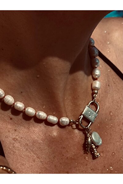 Medusa Accessories Balık ve İnci Charmlı Gerçek İnci Altın Kaplama Gümüş Kili...