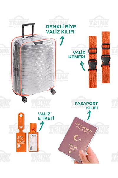 Trink Çanta Transparent Suitcase Cover Set (Suitcase Cover-Suitcase Belt-Suitcase Tag-Passport Cover) with Orange Piping