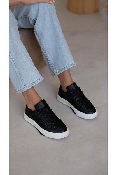 ECENİN BUTİĞİ Neves Siyah Hasır Hakiki Deri Spor Ayakkabı