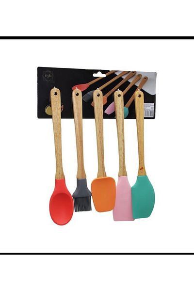 holy 5 Pieces Bamboo Handle Colorful Spatula Tip Slikon Colorful Spatula Brush
