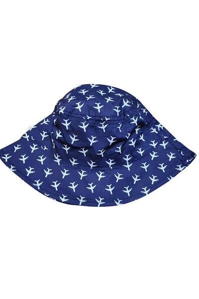 Kitti Children's Airplane Patterned Wide Brim Summer Fedora Hat – Sunscreen, Cotton 52cm