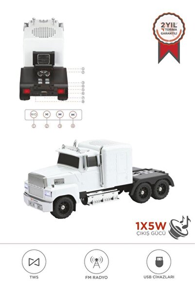 Torima Bluetooth Hoparlör Tır Tasarımlı FM AUX USB Destekli Speaker D50 Beyaz