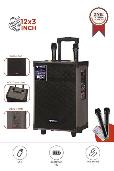 Torima D46 Kahverengi USB, TF, BT, TWS, FM Çift Mikrofonlu Hoparlör Parti Spe...