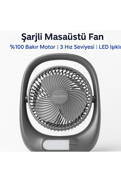 SMAYLİNG Şarjlı Masaüstü Fan – LED Işıklı, 3 Kademeli Hız, 180° Ayarlanabilir...