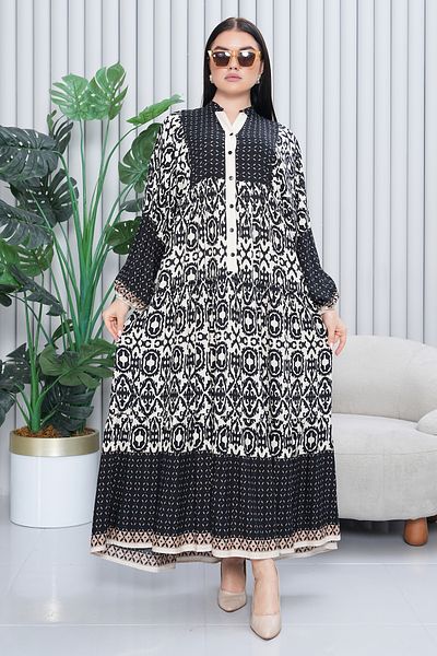 EL jadida Women's Patterned Plus Size Hijab Viscose Dress Black