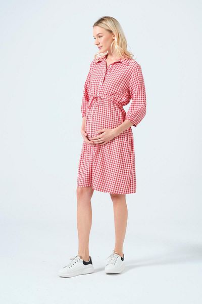 BUSA Maternity Lace-Up Shirt Collar Intermediate Size Plaid Dress Red