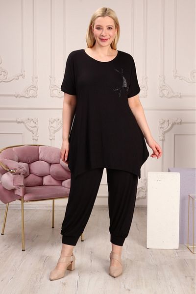 BİrHoşButik Plus Size Full Lycra Loose Crew Neck Pants with Stones Seasonal Sweat-Free Women's Suit